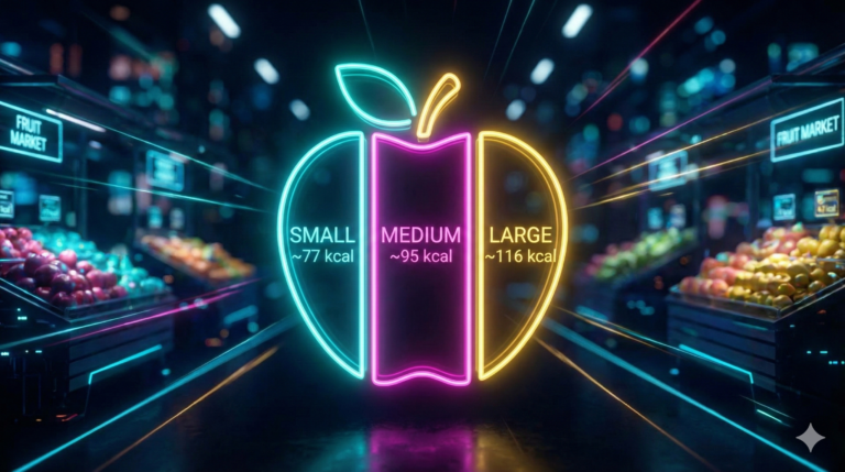 "A glowing neon apple infographic divided into three vertical segments showing calorie counts by size: Cyan for Small (77 kcal), Pink for Medium (95 kcal), and Gold for Large (116 kcal). The background is a futuristic, dark bokeh fruit market."