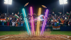 A dramatic 4K image of four cricket stumps being broken and glowing with cyan, magenta, gold, and purple neon light after being hit by a cricket ball. Bails are flying, and a cheering crowd is in the background under stadium lights. This visualizes a double hat-trick.